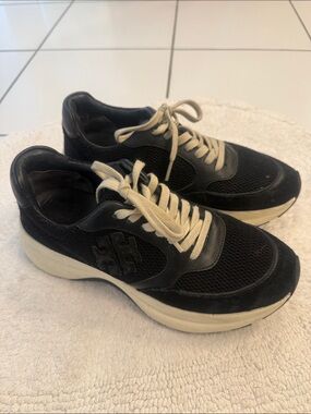Tory Burch Black Mesh & Suede Athletic Sneakers with Cream Laces